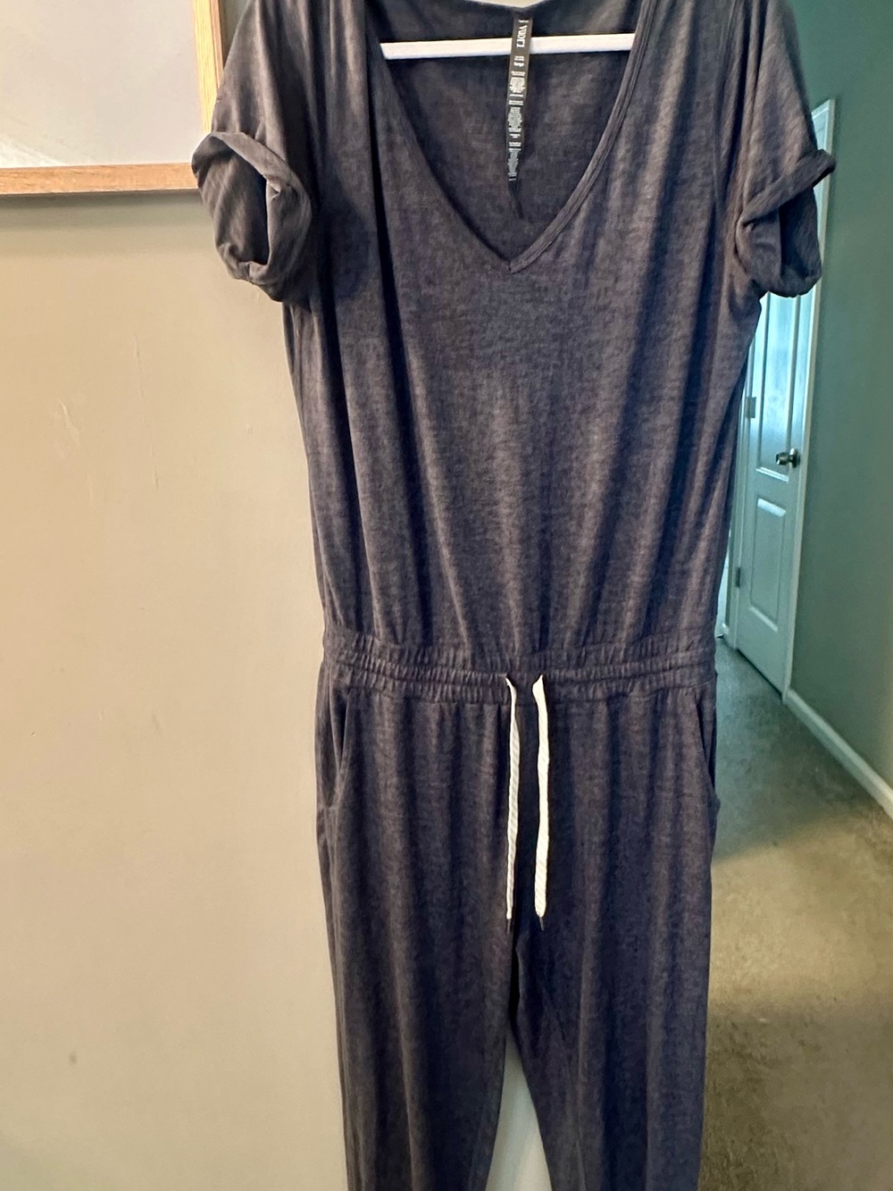 Vuori Casual V-Neck Short Sleeve Jumpsuit in heather blue